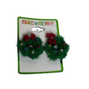 Make It Merry Christmas Wreath Earrings With Red Bows & Baubles
